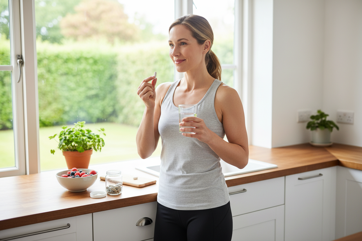 Person taking a daily supplement capsule with glass of water