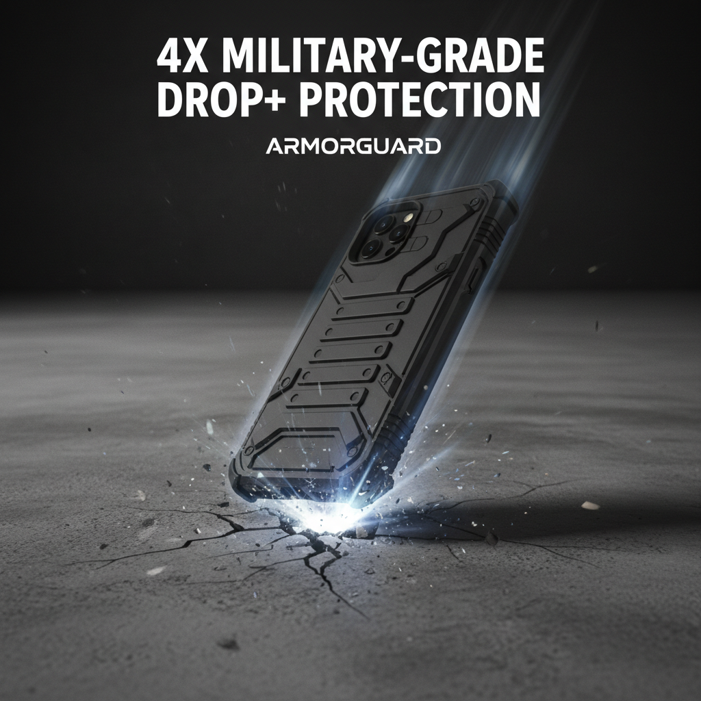 Dynamic action shot of thick black rugged phone case being dropped illustrating 4X military-grade DROP+ protection
