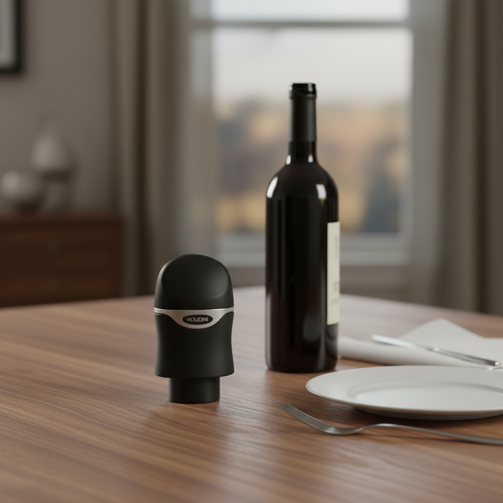 AI-generated lifestyle image of one black Houdini by Rabbit wine and champagne sealer beside one wine bottle on an elegant dinner table.