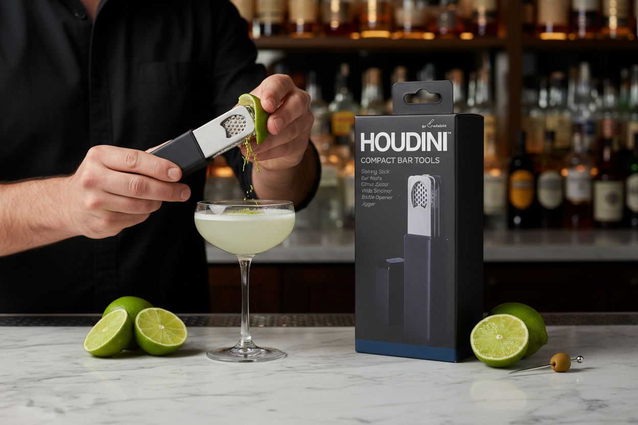 Bartender using Houdini citrus zester to garnish craft cocktail in coupe glass - More4less Outlet