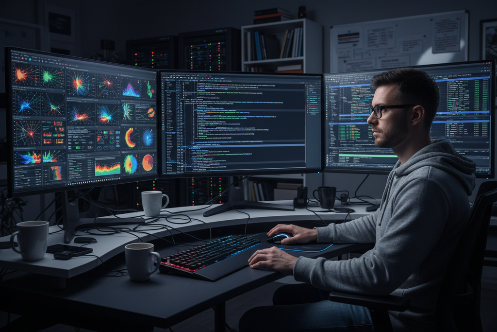 Computer engineer reviewing CUDA compute code and data analytics on multi-monitor workstation
