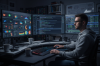 Computer engineer reviewing CUDA compute code and data analytics on multi-monitor workstation