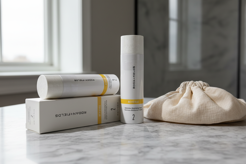 Rodan + Fields REVERSE Intensive Brightening Toner bottle and box on white marble surface with soft linen pouch