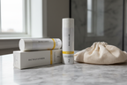 Rodan + Fields REVERSE Intensive Brightening Toner bottle and box on white marble surface with soft linen pouch