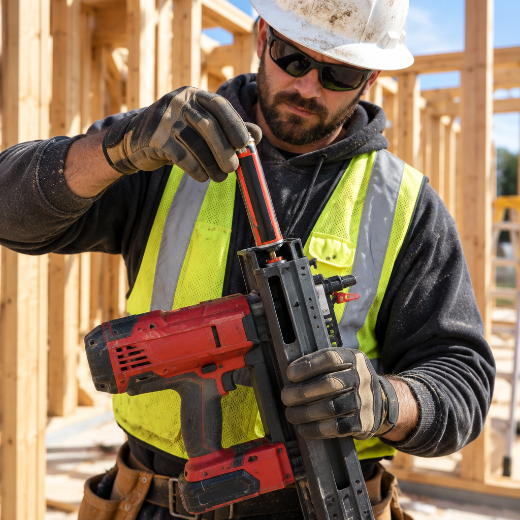 AI-generated lifestyle photo of a construction worker loading the fuel cell into a cordless framing nailer on a job site