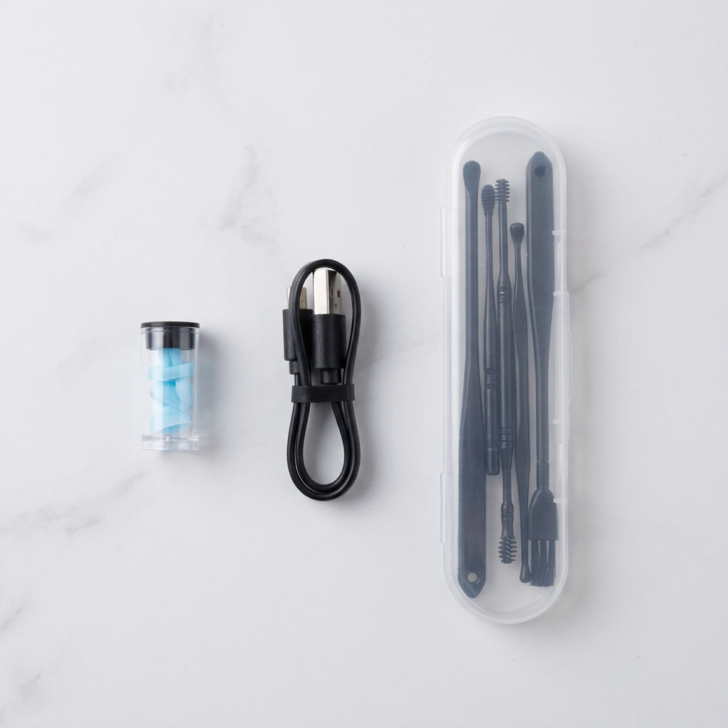 UEDAI otoscope kit accessories: clear container of blue tips, black USB charging cable and translucent case of ear-care tools.