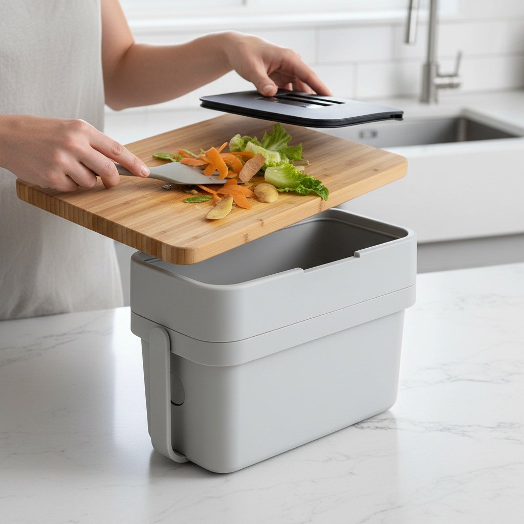 Scraping vegetable scraps into Joseph Joseph Compo 4 stone grey food waste caddy on kitchen counter – More4less Outlet