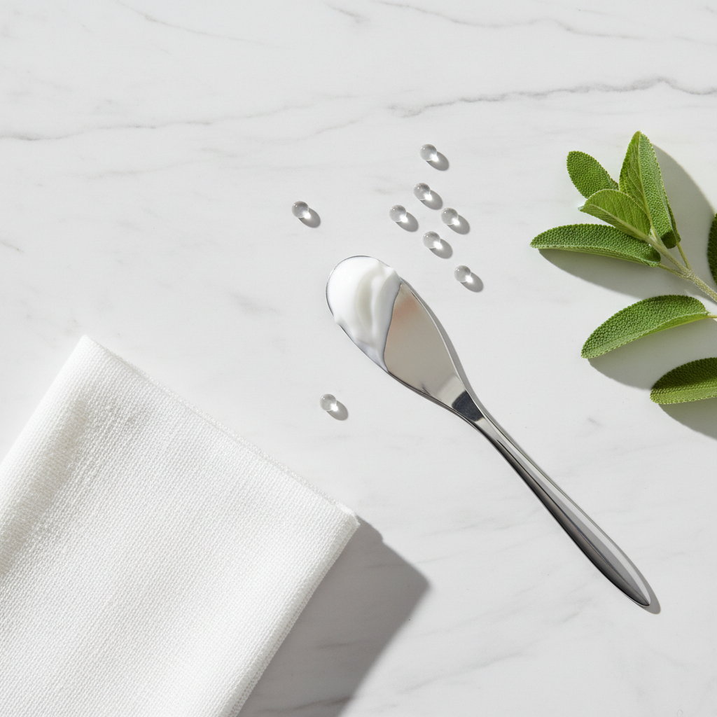Flat lay of lightweight cream moisturizer with silica beads and green leaves on white marble surface
