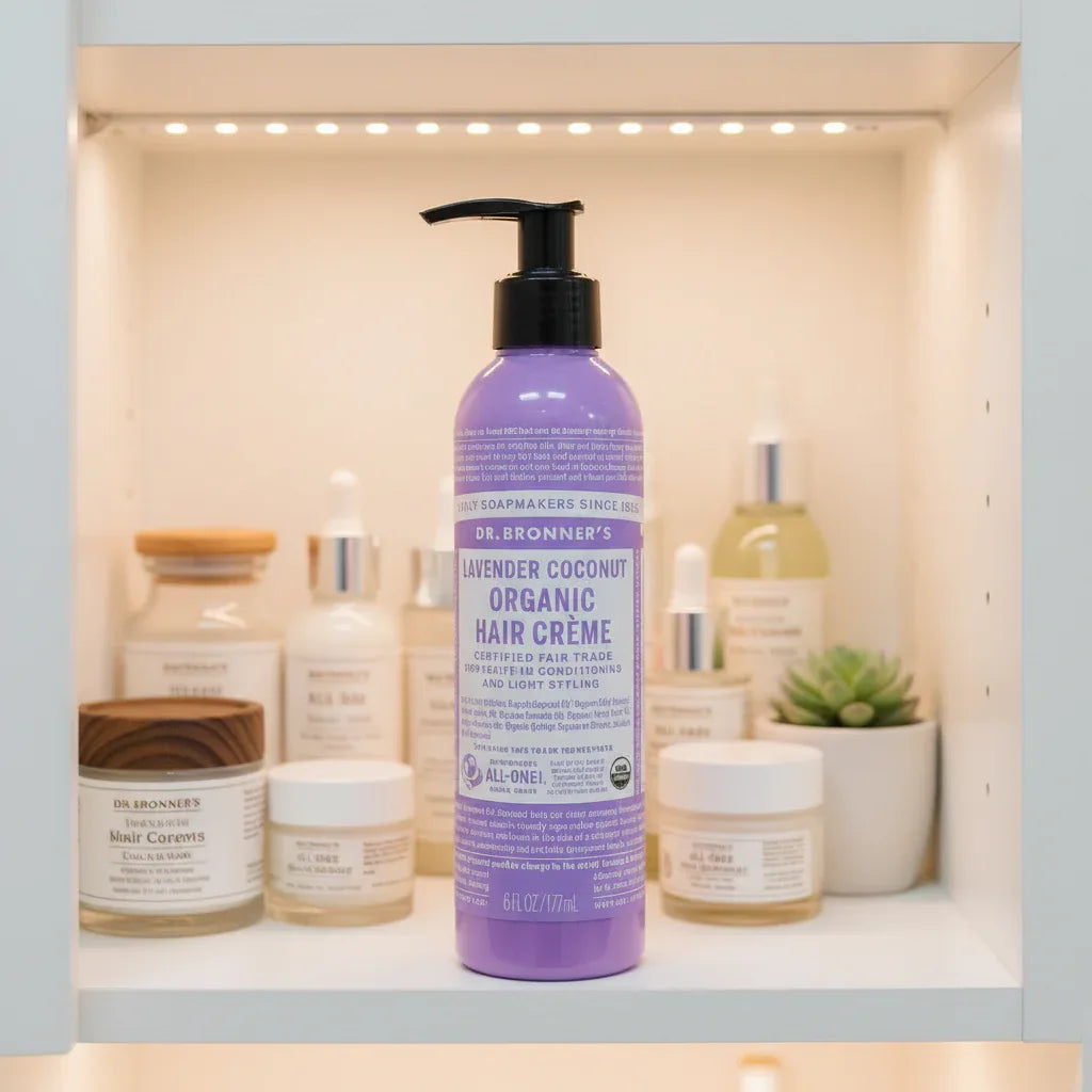 Dr. Bronner's Lavender Coconut Organic Hair Creme purple pump bottle in organized bathroom skincare cabinet shelf next to boutique glass wellness containers with soft interior lighting