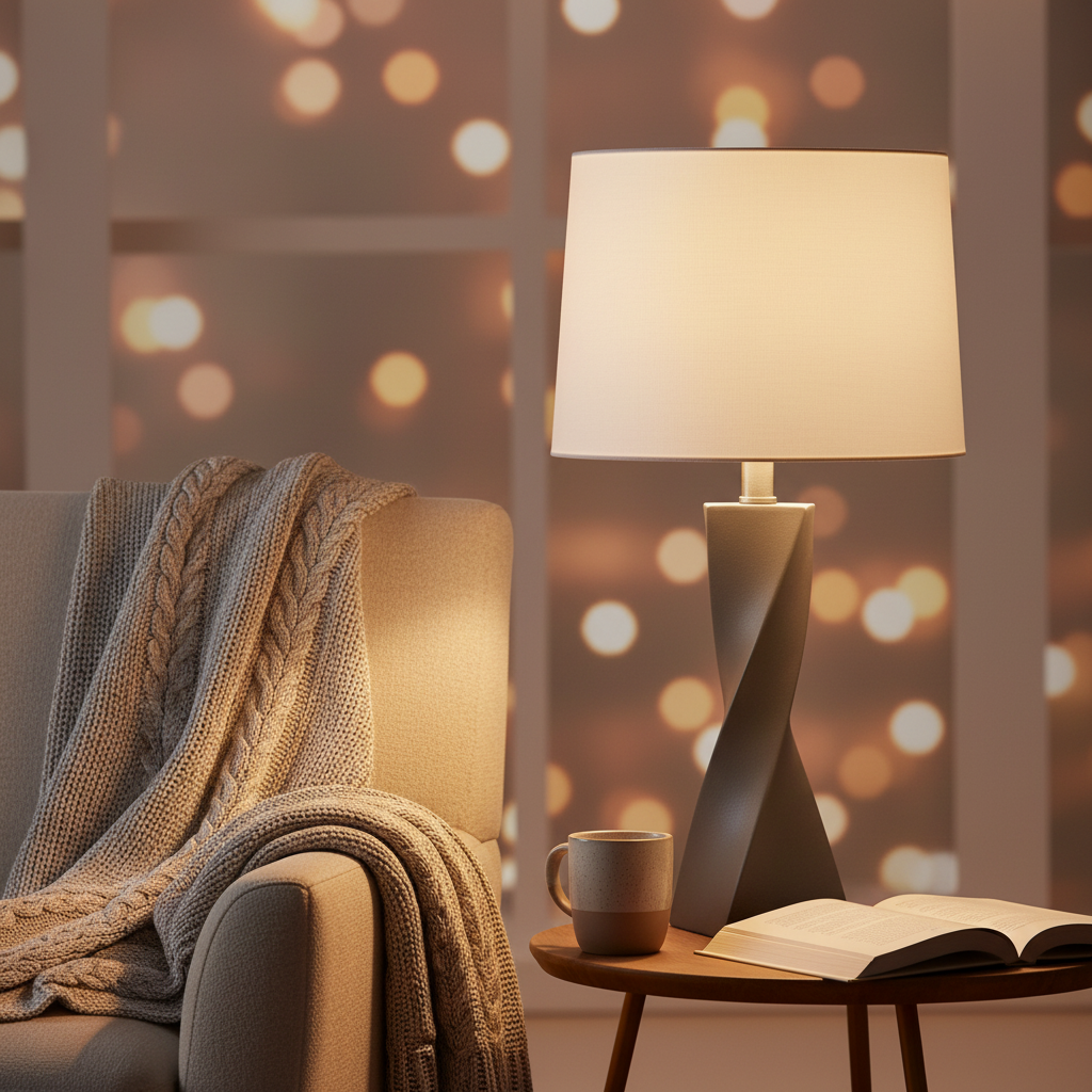 Cozy reading corner vignette with sculptural stone gray twisted table lamp glowing warmly