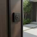 Kwikset square iron black single cylinder deadbolt close-up on modern front door with clean architectural lines – More4less Outlet