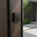 Kwikset square iron black single cylinder deadbolt close-up on modern front door with clean architectural lines – More4less Outlet
