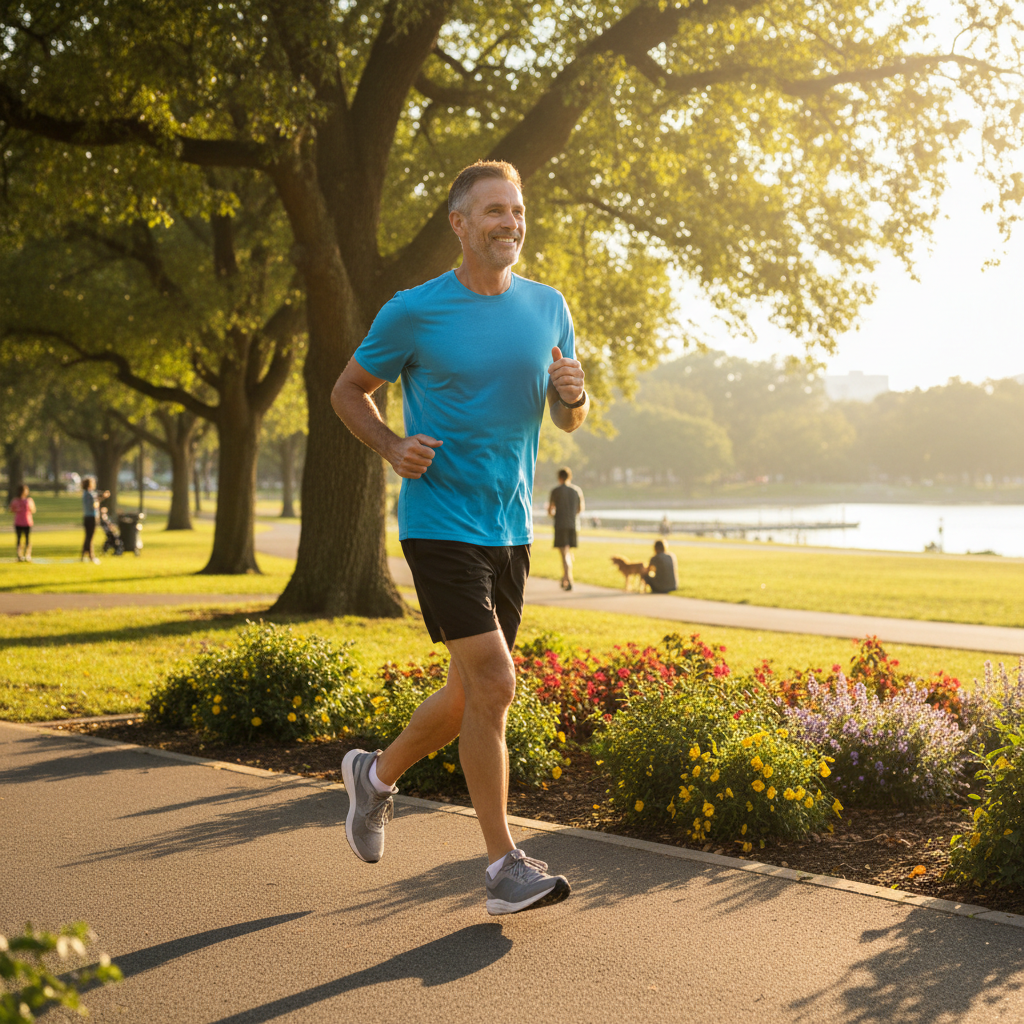 Active healthy man in his 50s jogging in a park on a sunny morning, vibrant wellness lifestyle