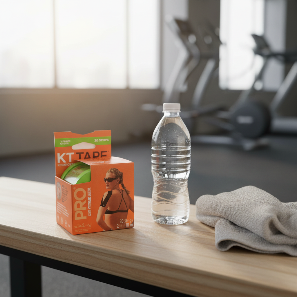 KT Tape Pro Winner Green package on a gym bench beside a water bottle and towel