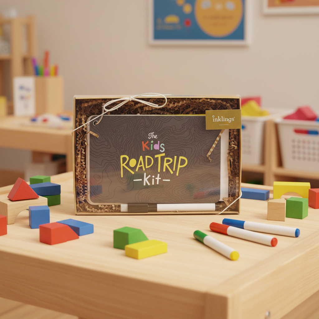 Inklings Paperie Kids Road Trip Kit on light-oak playroom craft table alongside bright wooden blocks and colorful markers
