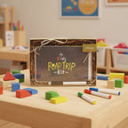 Inklings Paperie Kids Road Trip Kit on light-oak playroom craft table alongside bright wooden blocks and colorful markers
