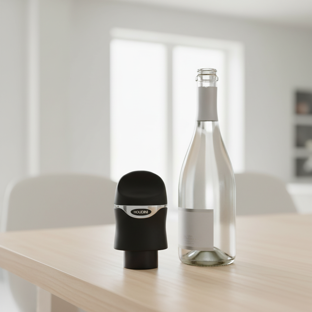 AI-generated lifestyle image of one black Houdini by Rabbit wine and champagne sealer beside one champagne bottle in a bright brunch setting.