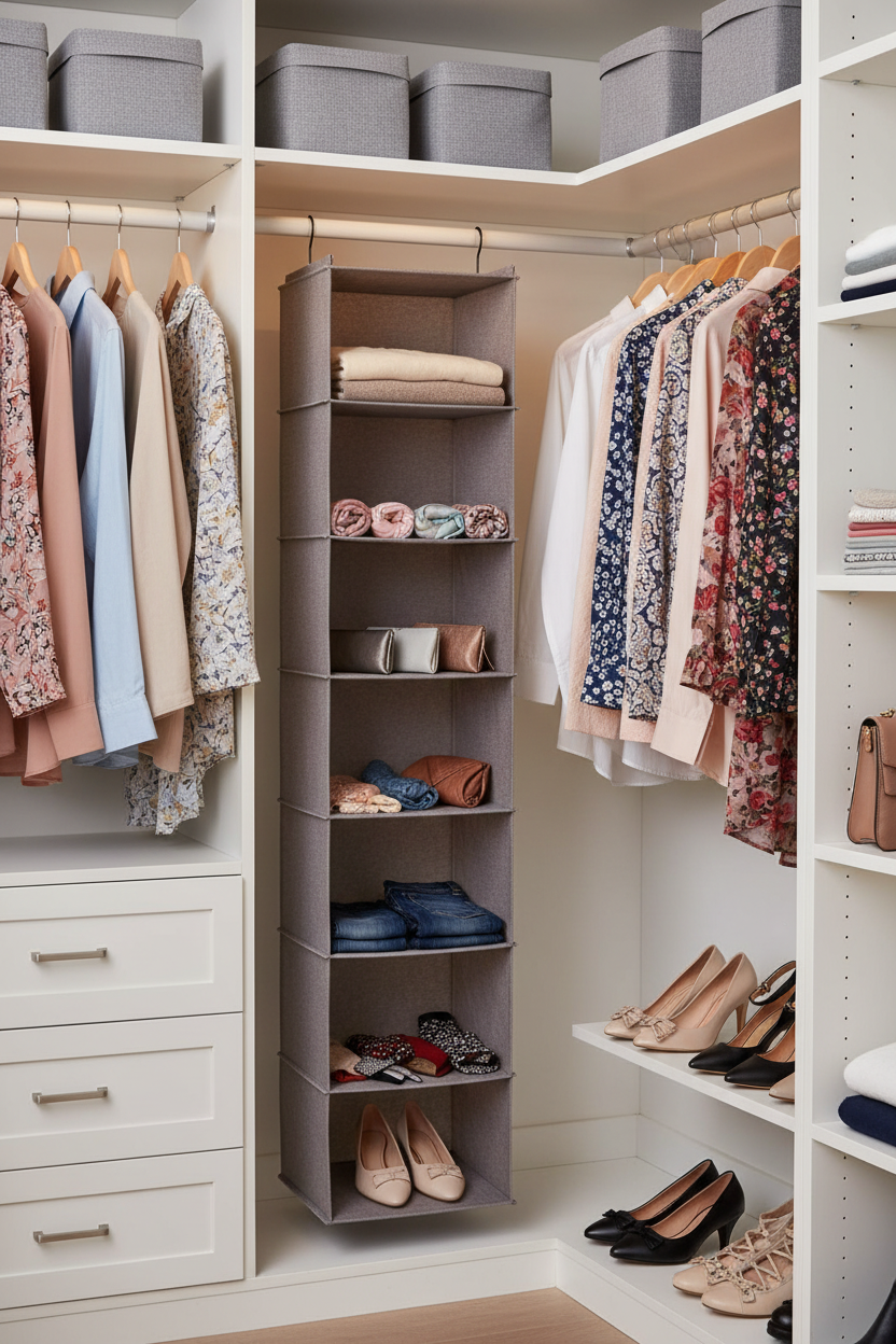 Whitmor 6-section hanging accessory shelves light grey in organized walk-in closet with folded clothes and accessories