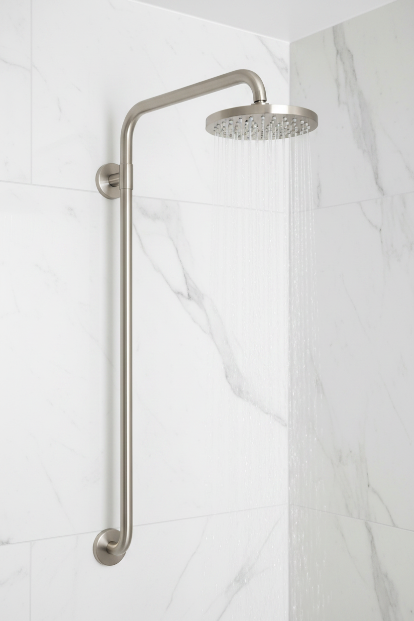 Grohe wall mount shower arm with escutcheon in brushed nickel installed on white marble tile shower wall with water streaming from attached shower head