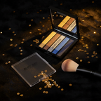 Mary Kay Eye Color Palette Rock the Runway open compact on dark velvet with dramatic runway lighting — gold, bronze, silver, cobalt blue, and midnight navy metallic strips glowing under warm spotlight with scattered gold sequins and a makeup brush