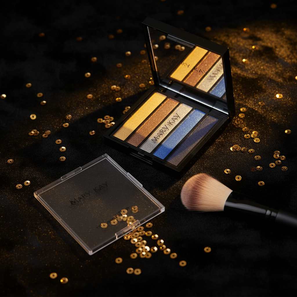 Mary Kay Eye Color Palette Rock the Runway open compact on dark velvet with dramatic runway lighting — gold, bronze, silver, cobalt blue, and midnight navy metallic strips glowing under warm spotlight with scattered gold sequins and a makeup brush