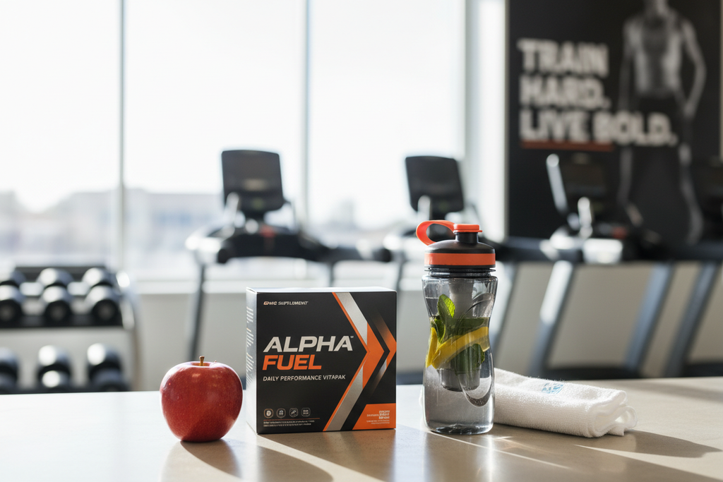 GNC AMP Men's Ripped Vitapak box on gym counter with apple and water bottle fitness lifestyle