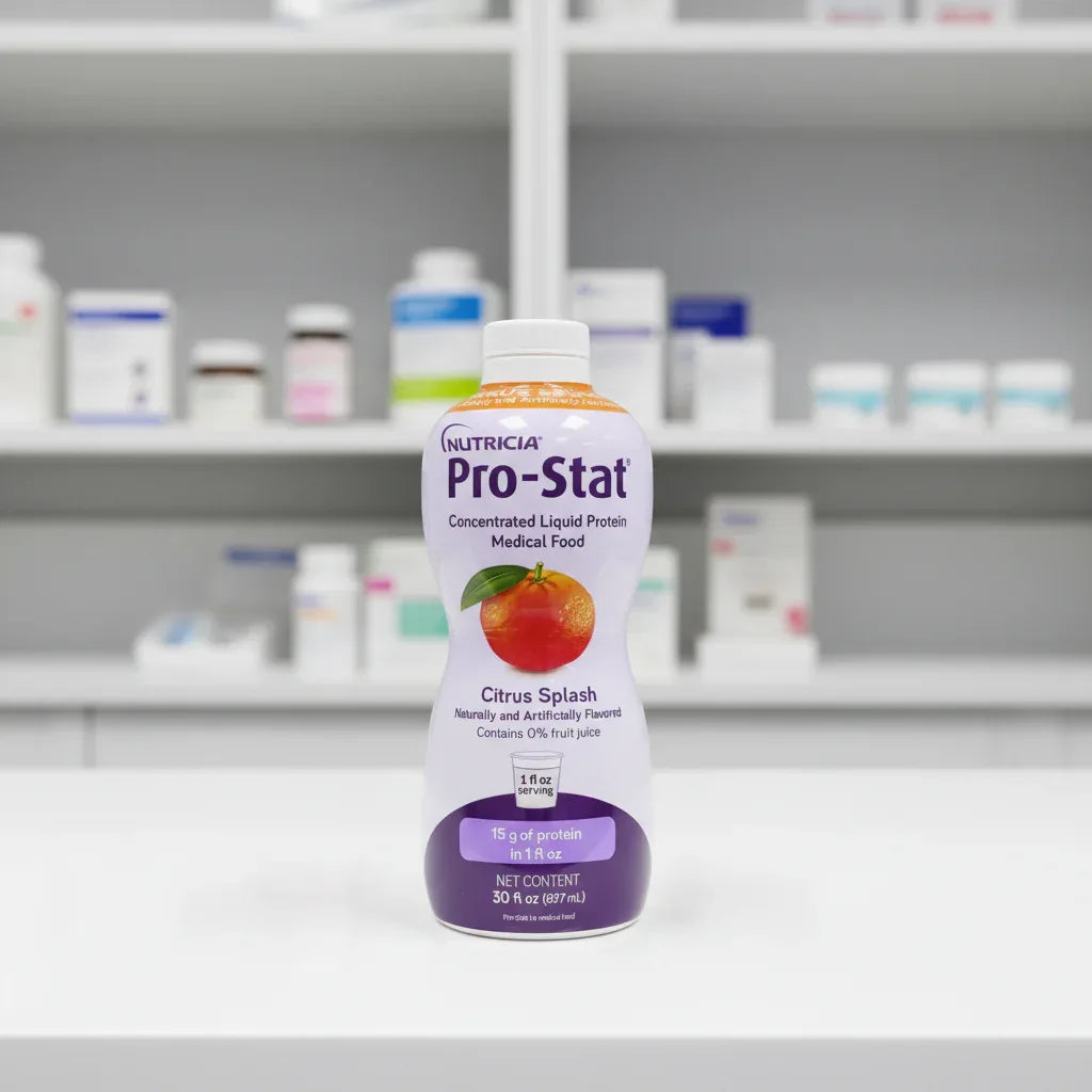 Nutricia Pro-Stat liquid protein medical food purple bottle in clean healthcare dietary aid storage setting on white clinical surface