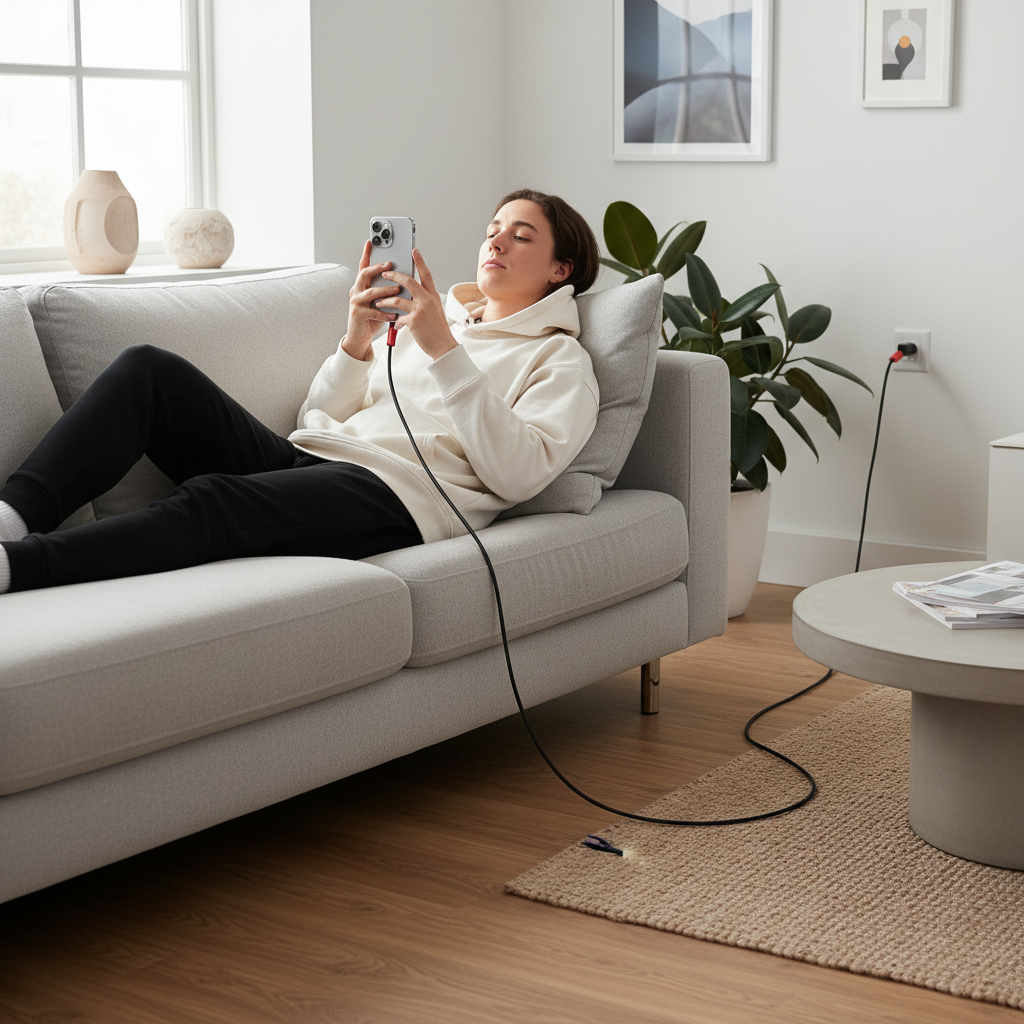 Person on couch using iPhone while charging via long flat black braided cable with red connectors — More4less Outlet
