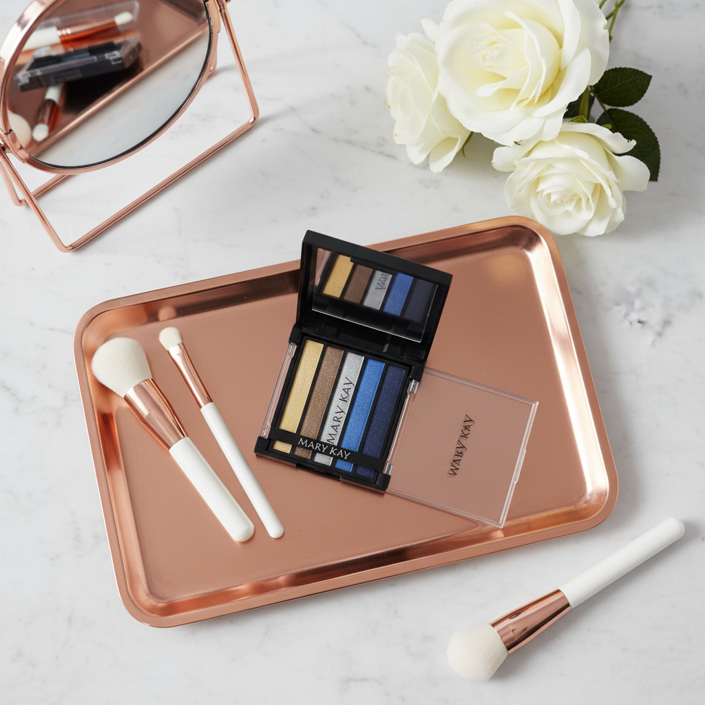 Mary Kay Eye Color Palette Rock the Runway open compact flat-lay on a rose-gold vanity tray with makeup brushes, a small mirror, and soft white flowers on white marble