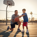 Basketball coach guiding athlete hand position on basketball at outdoor court during golden hour