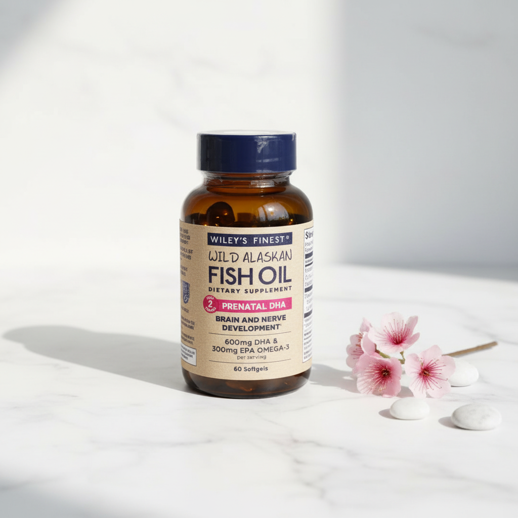 Lifestyle context image of Wiley's Finest Prenatal DHA Fish Oil 60 softgels (AI-generated for visual illustration only) – white marble surface with pink flowers – More4less Outlet