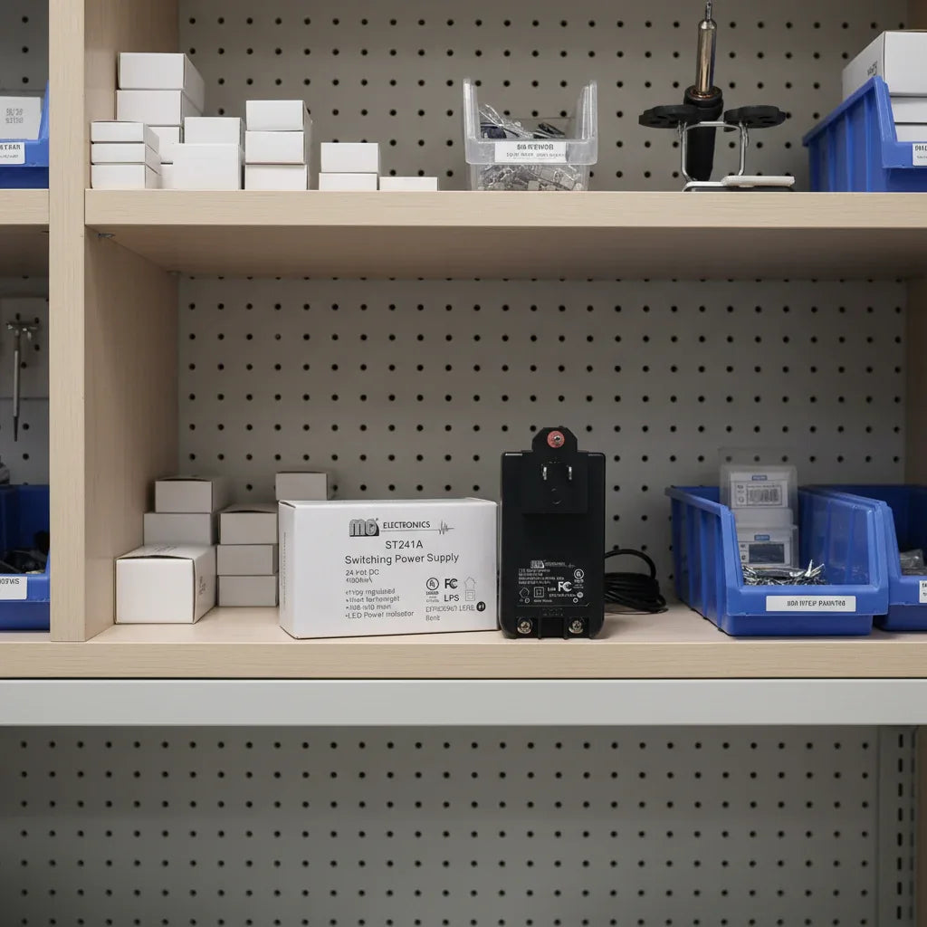MG Electronics ST241A retail box on electronics lab shelving unit as inventory spare