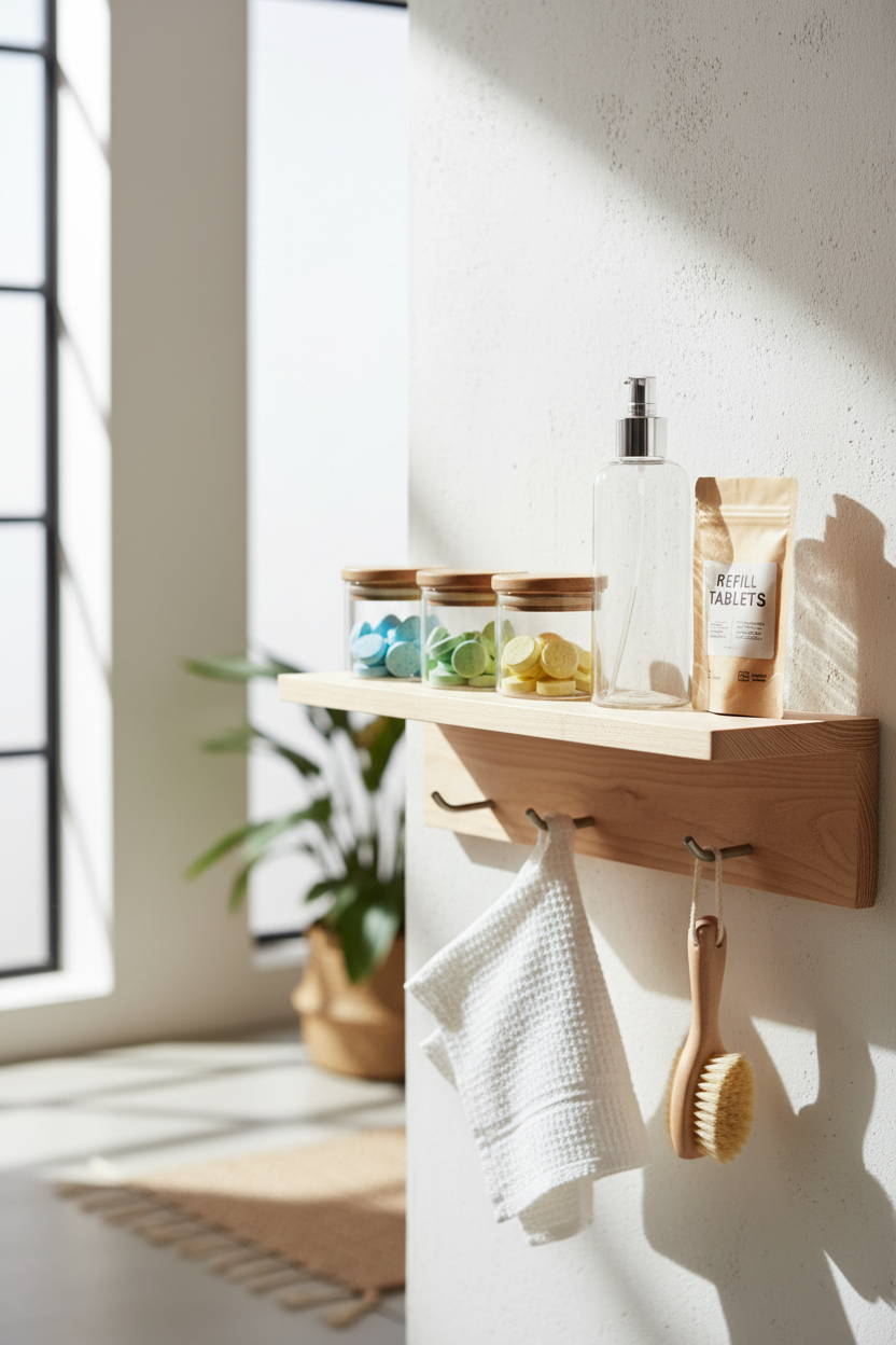 Minimalist home utility shelf with eco-friendly cleaning tablets in bright white natural light