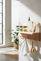 Minimalist home utility shelf with eco-friendly cleaning tablets in bright white natural light