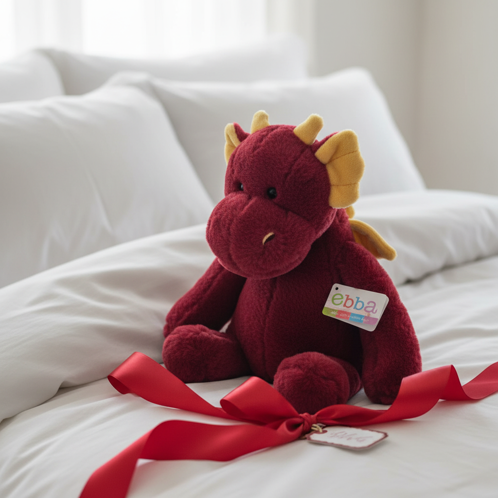 Ebba Red Dragon Plush displayed as gift on white bedding with bold red ribbon - More4less Outlet