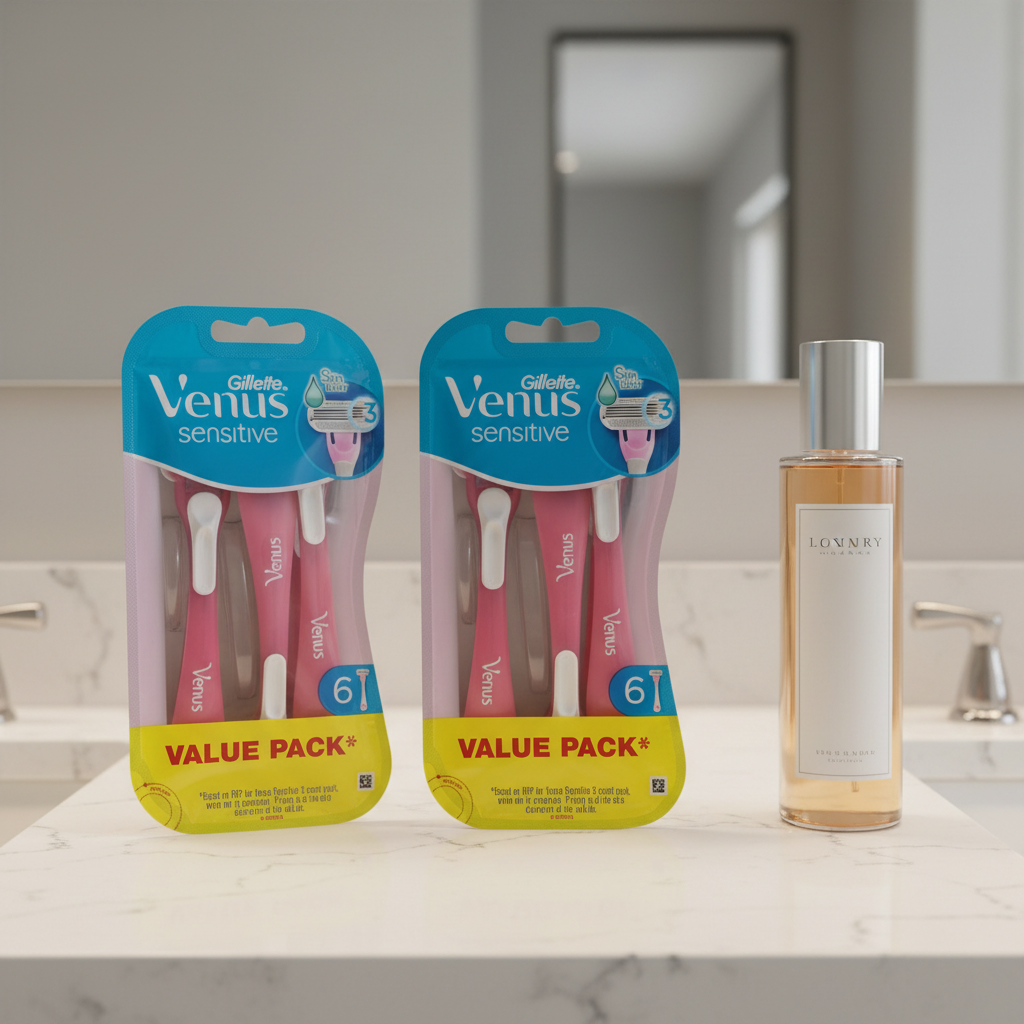 Gillette Venus Sensitive 12ct Value Pack on quartz vanity countertop with luxury skin toner under morning light
