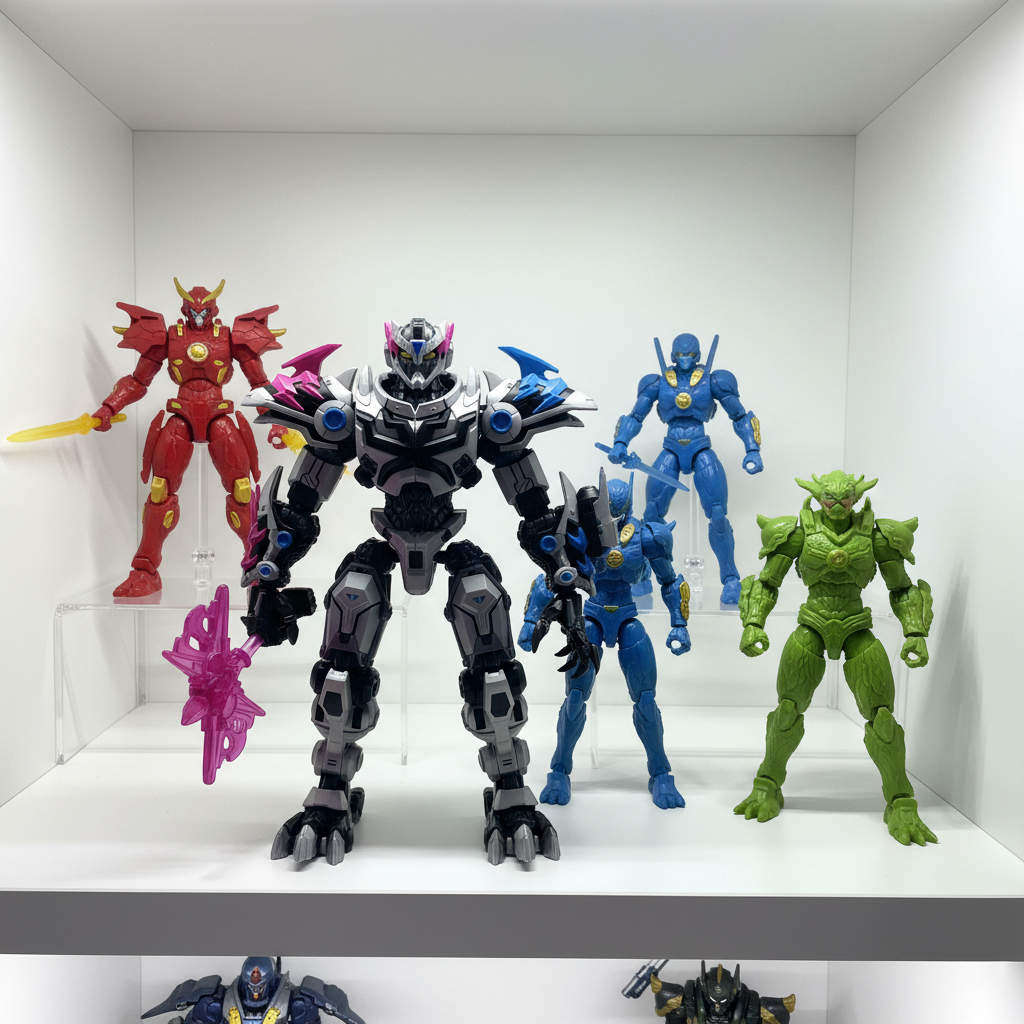 MrBeast Lab Tiger Battle Titan action figure on white collector display shelf with other figures – More4less Outlet