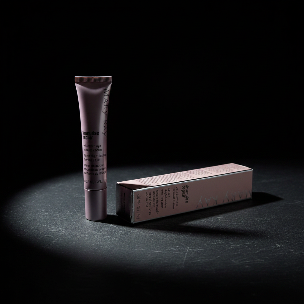 Lifestyle context image of Mary Kay TimeWise Repair Volu-Firm Eye Renewal Cream (AI-generated for visual illustration only) – dark slate studio editorial – More4less Outlet