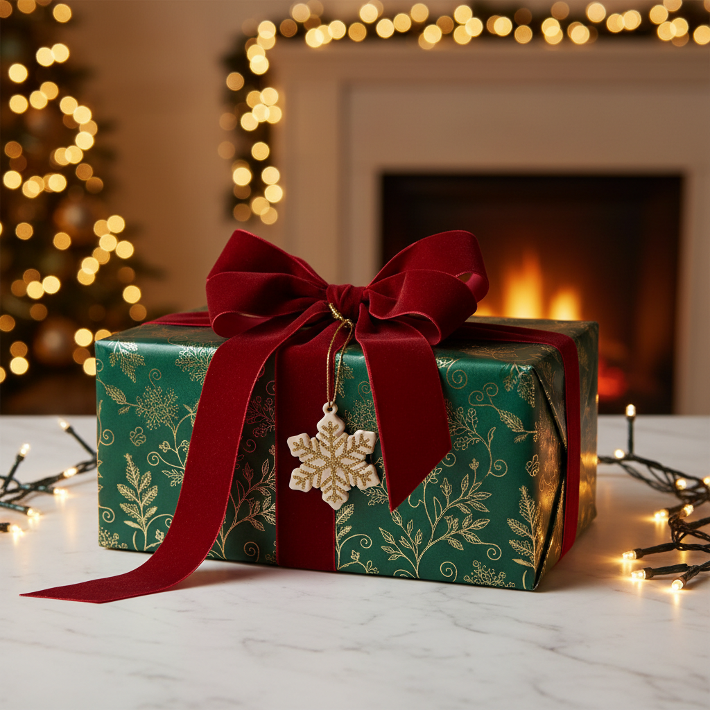 Beautifully wrapped hair care gift set with a bow on a white surface with warm holiday lighting