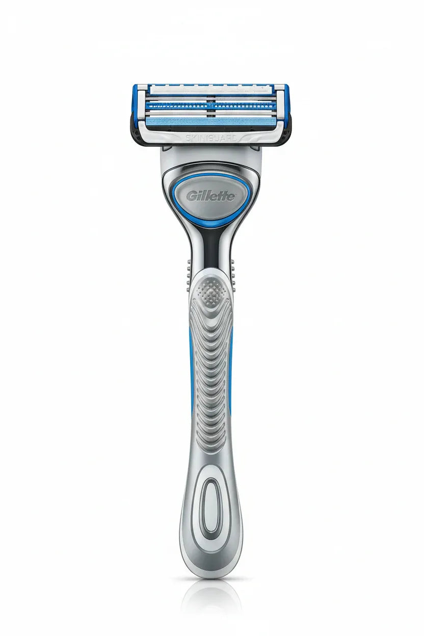 Gillette SkinGuard Sensitive razor close-up hero shot showing blade cartridge detail