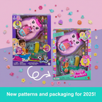 Polly Pocket Mom and Baby Hedgehog Purse Playset 2025 retail box by Mattel on a pastel pink and purple flat lay with star confetti and heart props – More4less Outlet