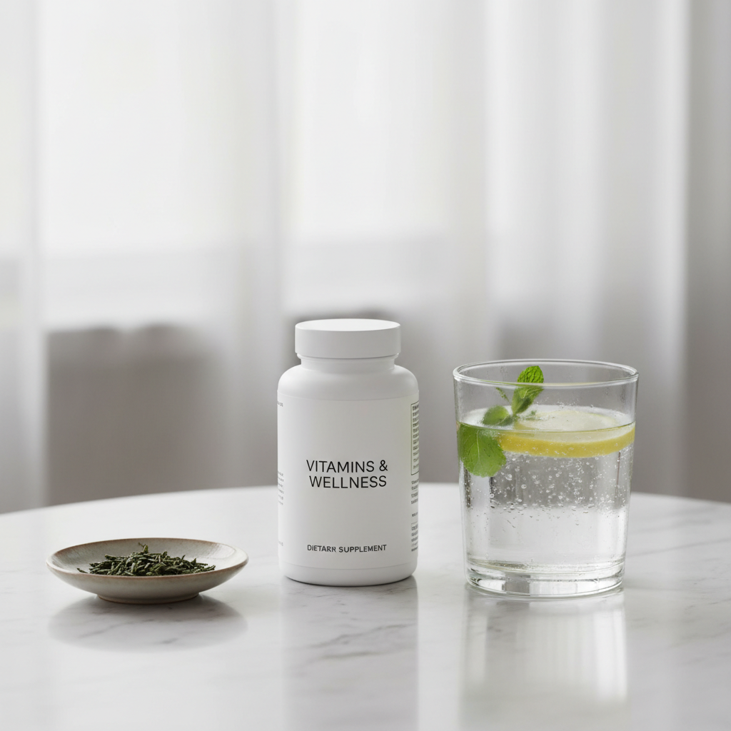 Clean wellness tabletop with white supplement bottle and fresh tumbler of water on marble countertop