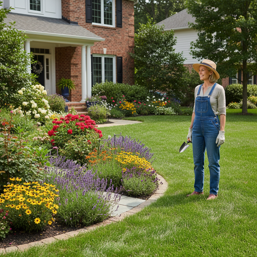 Well-maintained suburban lawn and garden with homeowner standing nearby wearing gardening gloves