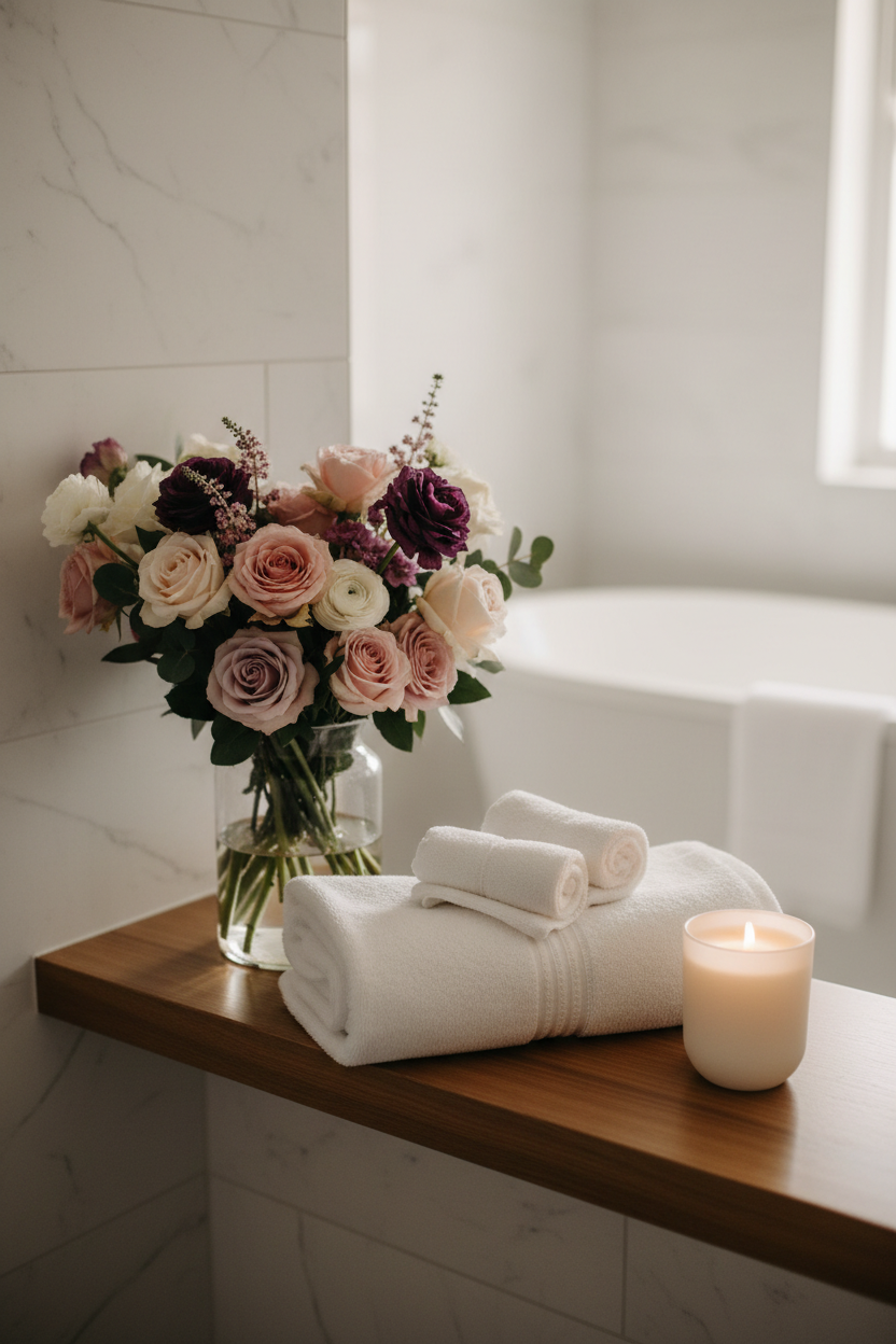 Beautifully styled bathroom shelf with fresh pink purple flowers white fluffy towels and candle luxury spa lifestyle photo