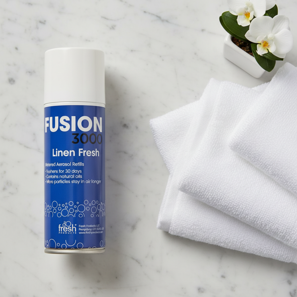 Fusion 3000 Linen Fresh aerosol can on marble bathroom counter with white linen towels and orchid – More4less Outlet