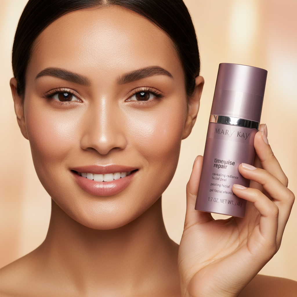 Close-up of woman with radiant glowing skin holding Mary Kay TimeWise Repair Revealing Radiance Facial Peel bottle