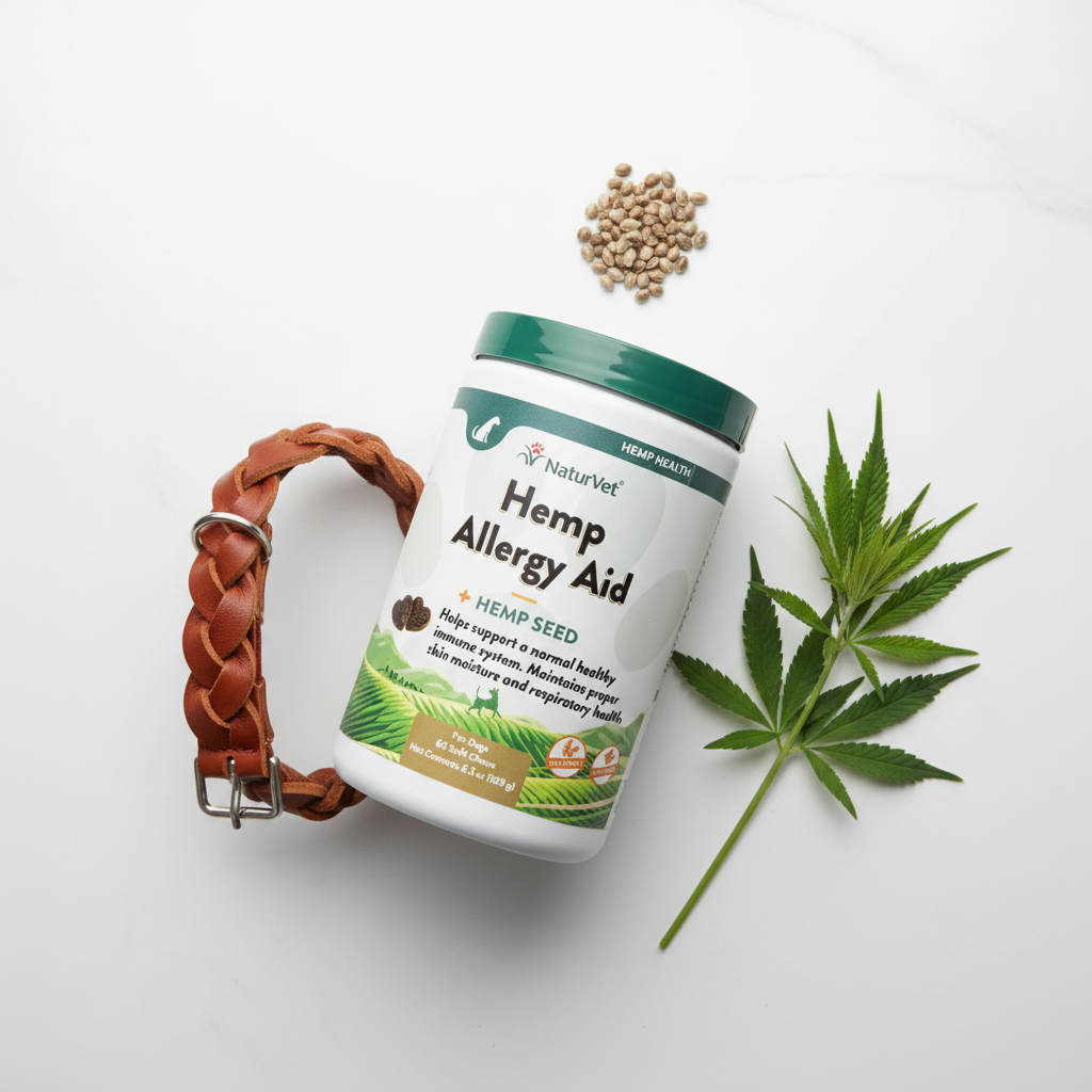 NaturVet Hemp Allergy Aid 60 soft chews flat lay on white surface with dog collar, hemp seeds and green leaf