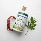 NaturVet Hemp Allergy Aid 60 soft chews flat lay on white surface with dog collar, hemp seeds and green leaf