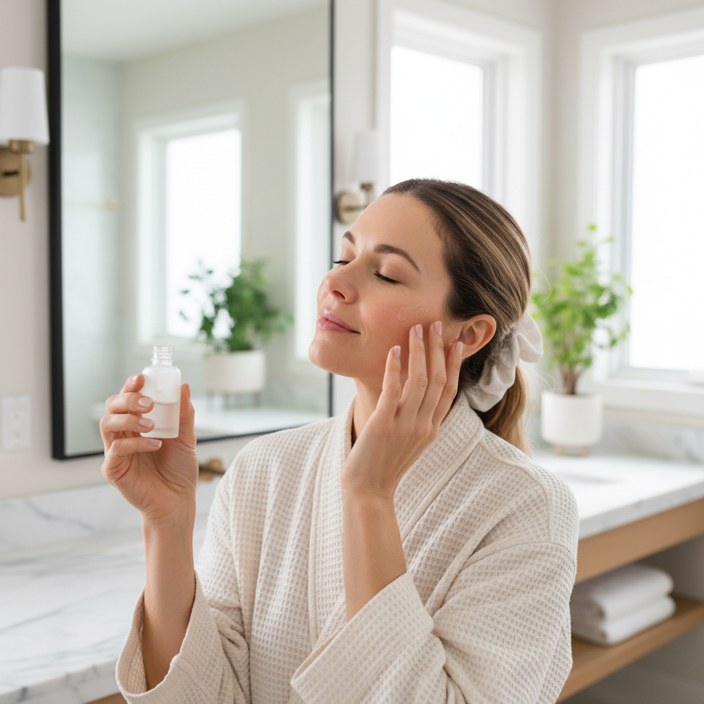 Woman applying a brightening serum to her face in a bright clean bathroom