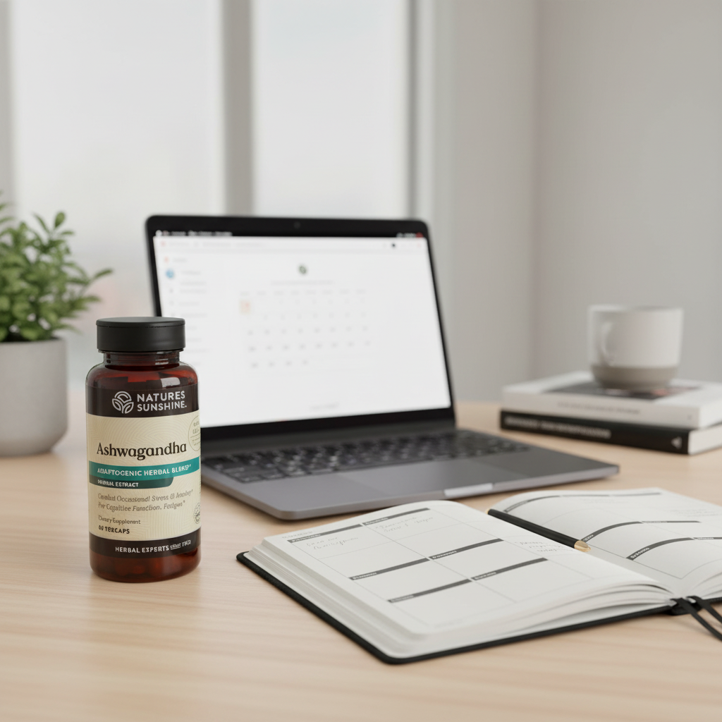 Nature's Sunshine Ashwagandha bottle on contemporary home office desk with dark gray laptop and open premium productivity planner